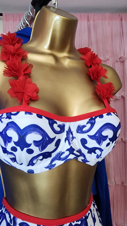 3 pcs Red Flowers Swimsuit